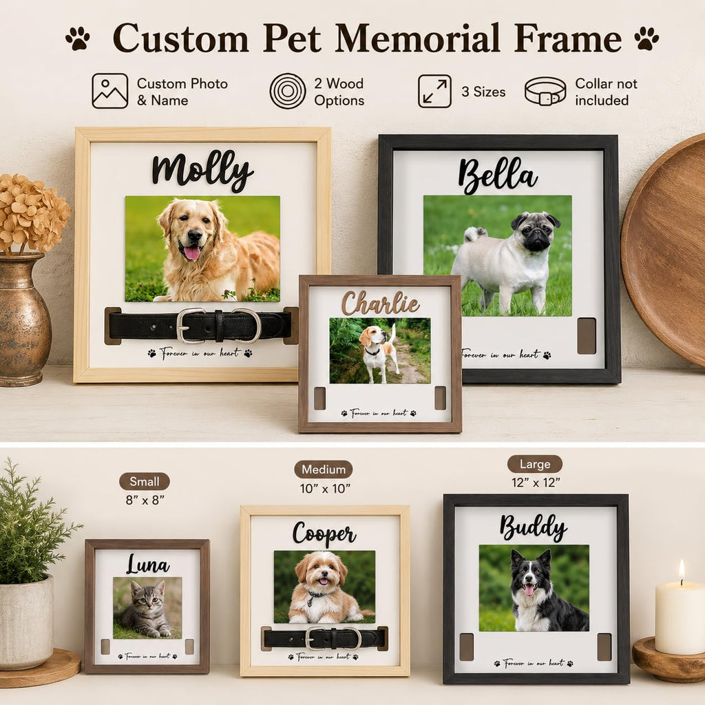 Pet Memorial Frame with Collar Slot, Custom Walnut Teak Wood Dog Cat Gift