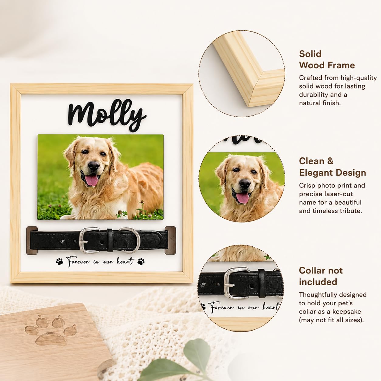 Pet Memorial Frame with Collar Slot, Custom Walnut Teak Wood Dog Cat Gift