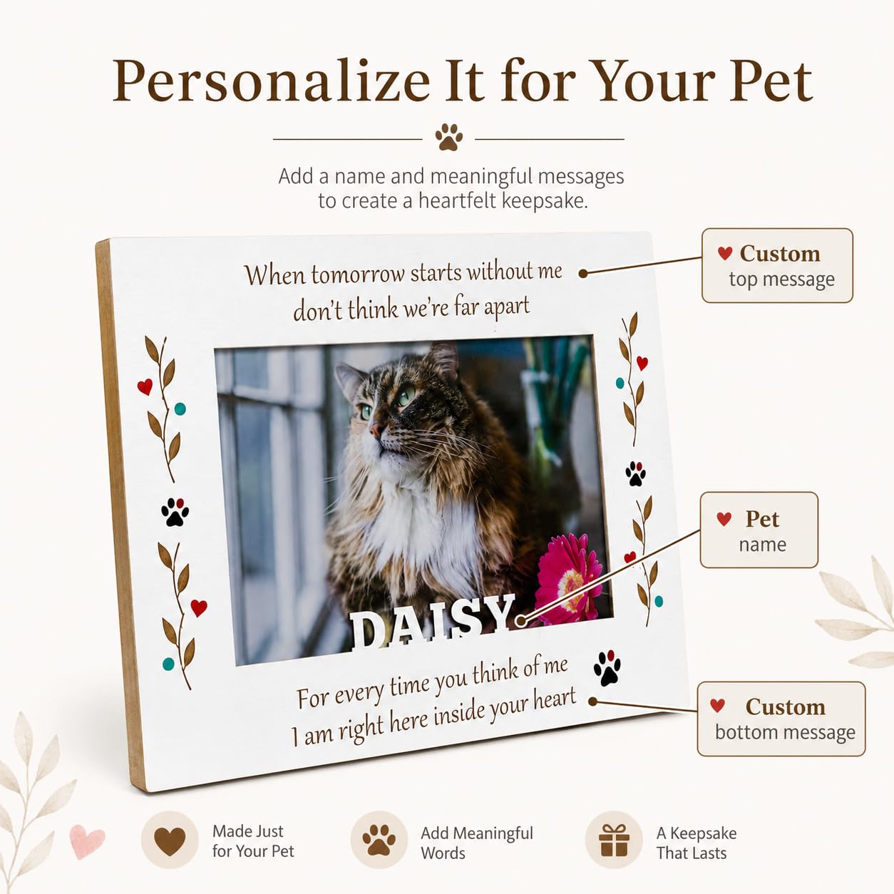 Custom Solid Wood Pet Memorial Frame, Engraved Name 4x6 Dog Cat Loss Gift