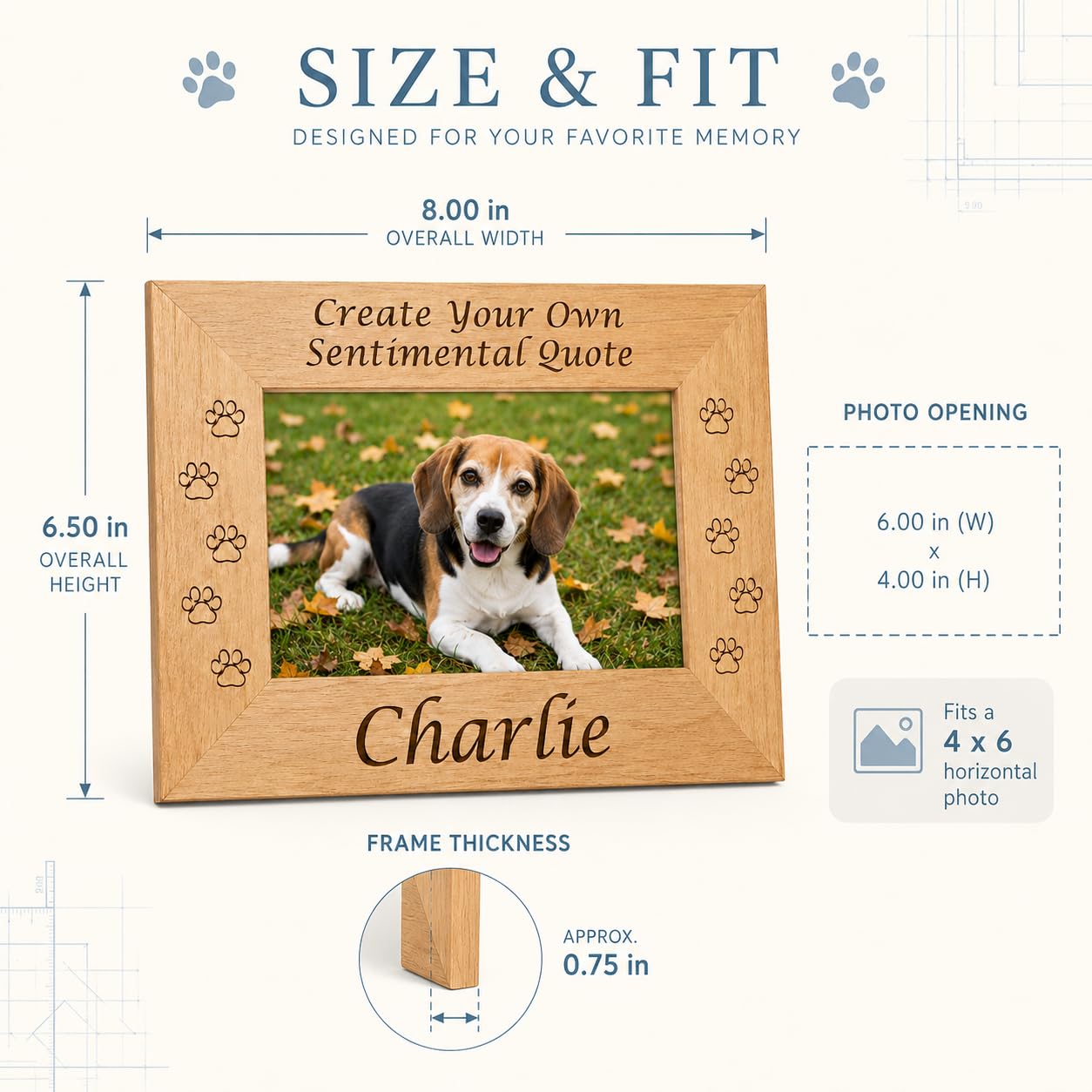 Custom Wood Pet Memorial Frame, Engraved Name Quote 4x6 Dog Cat Loss Gift