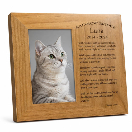 Custom Rainbow Bridge Pet Frame, Engraved Solid Wood 4x6 Dog Cat Loss Gift