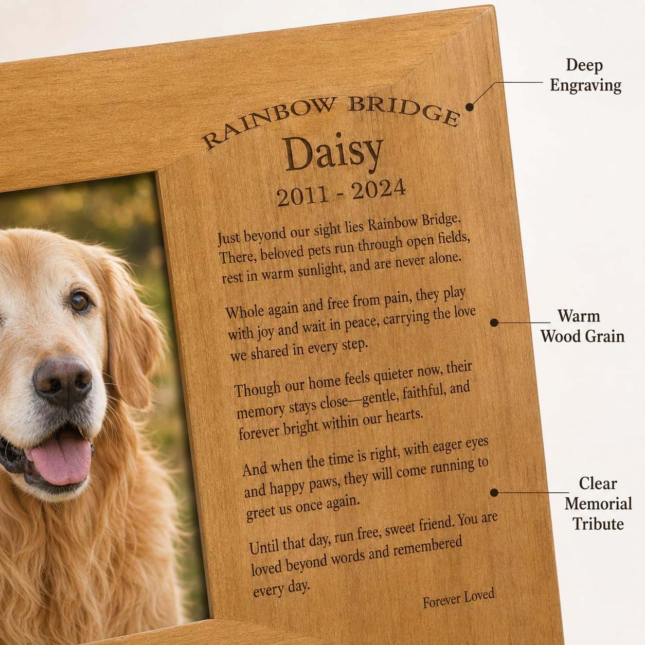 Custom Rainbow Bridge Pet Frame, Engraved Solid Wood 4x6 Dog Cat Loss Gift