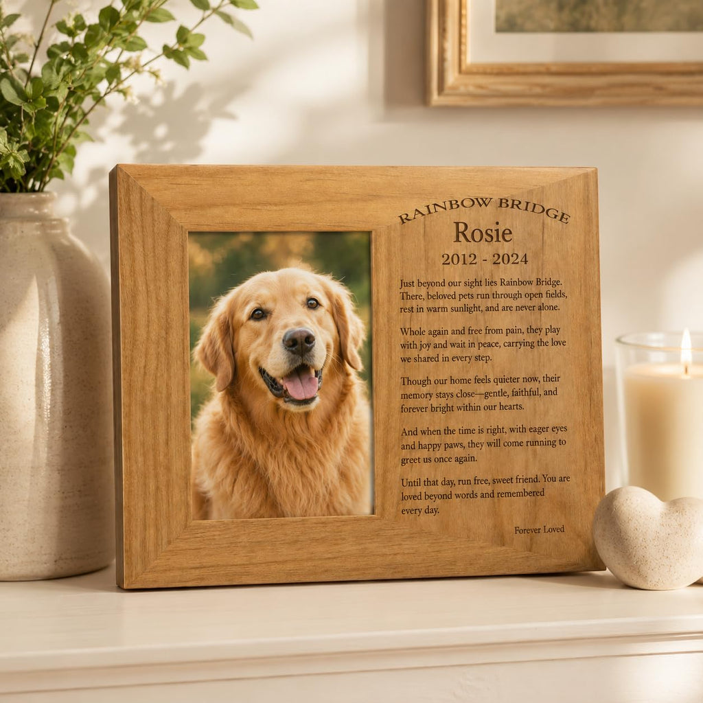 Custom Rainbow Bridge Pet Frame, Engraved Solid Wood 4x6 Dog Cat Loss Gift