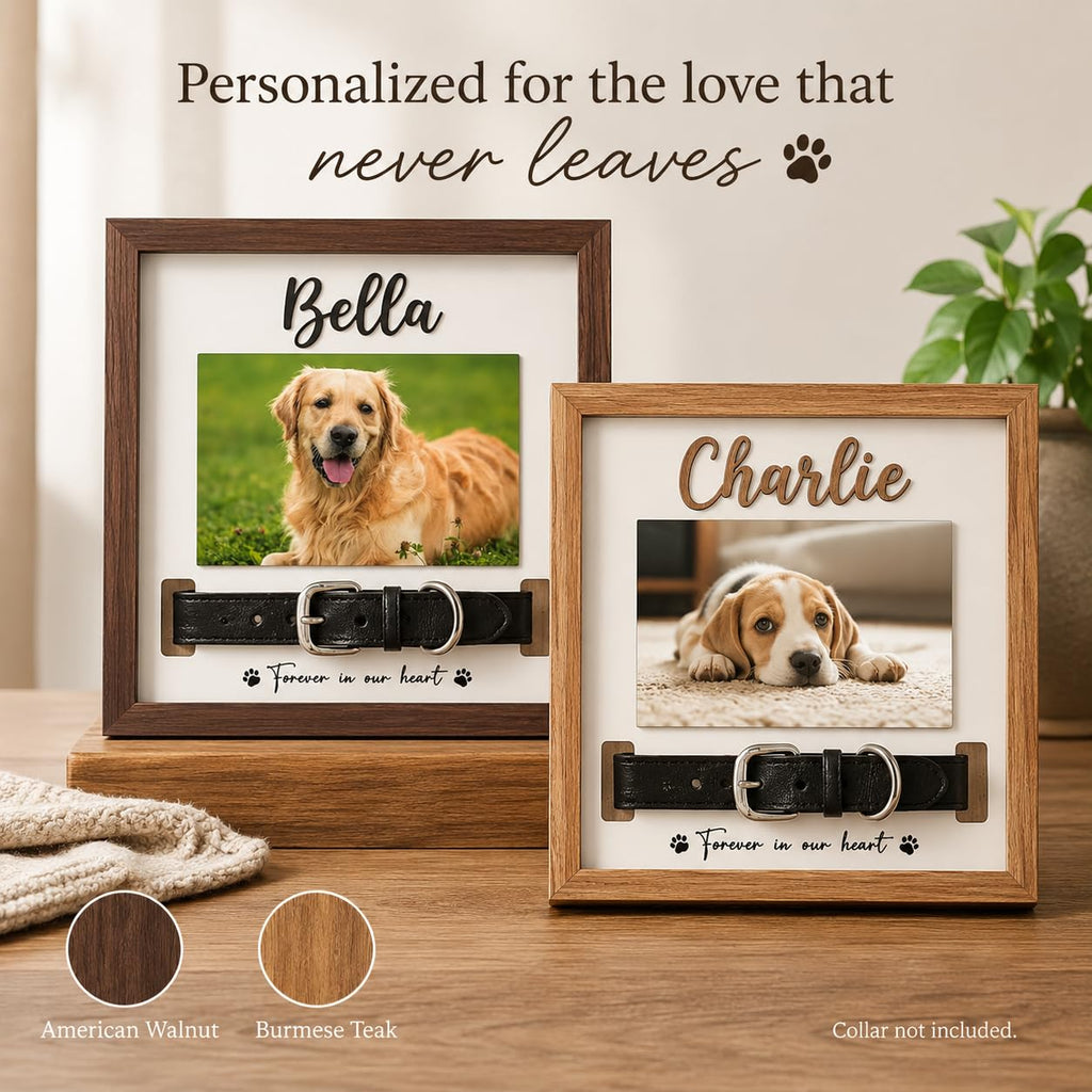 Pet Memorial Frame with Collar Slot, Custom Walnut Teak Wood Dog Cat Gift