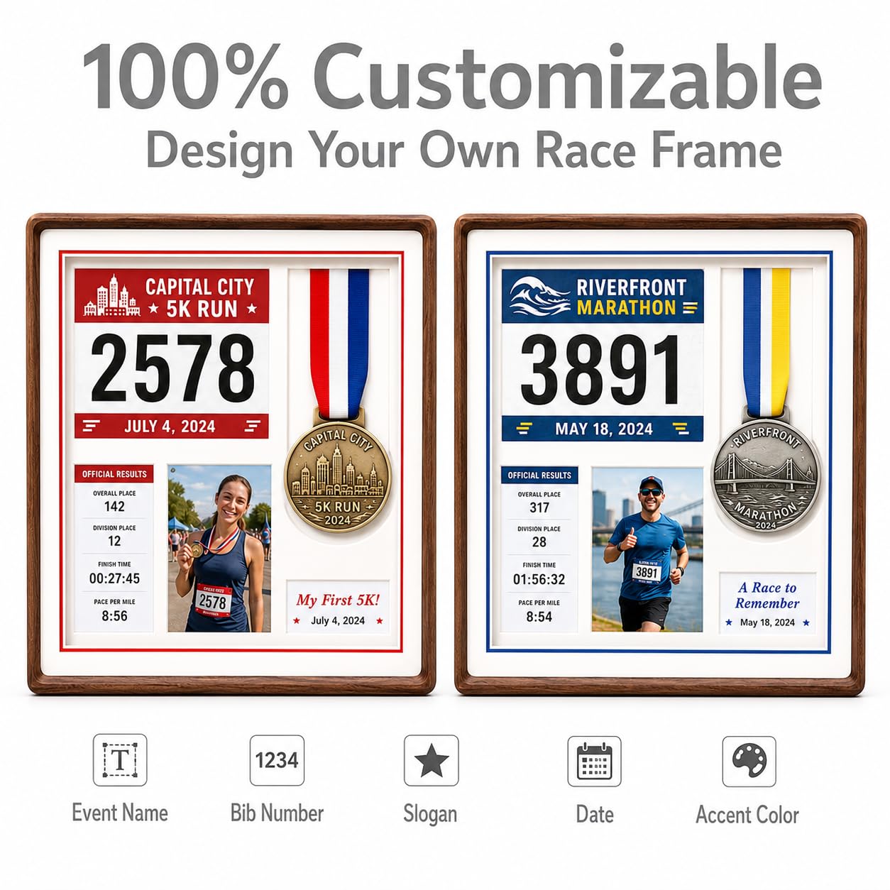 Custom Wood Medal Shadow Box, Race Bib Display for Marathon Running Cycling